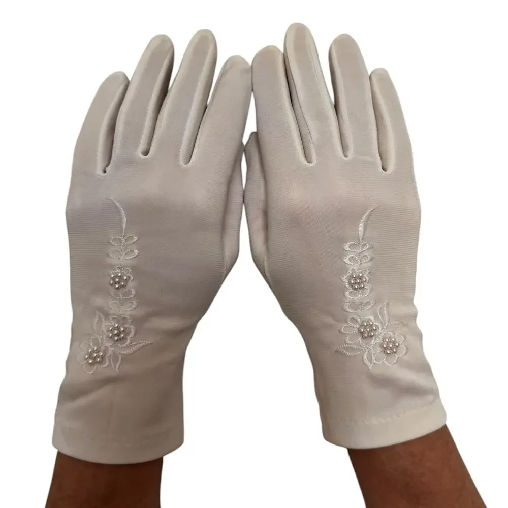Vintage 1980s White/Ivory Unbranded Satin Beaded Floral Gloves XS S